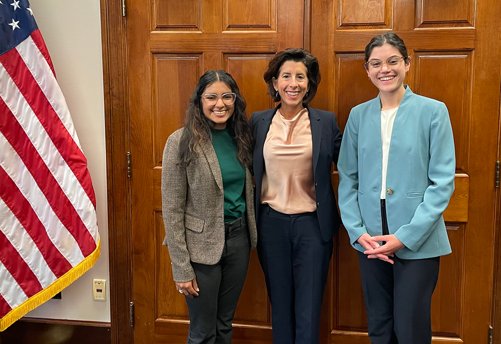 Kacey Clayton (right) during her Knauss Fellowship, alongside co-fellow Jessica Diaz (left) and former Secretary of Commerce, Gina Raimondo (center). Photo courtesy of Kacey Clayton.