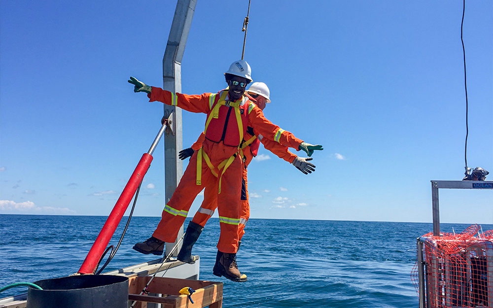 Sturdivant “hanging out” on the continental shelf of the Atlantic Ocean while conducting sediment profile imaging in 2021. Photo provided by Kersey Sturdivant.
