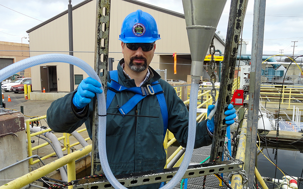 Tozzi in the spring of 2012, working on the NASA OMEGA project at the San Francisco SFPUC-SEP Waste Water treatment plant. Photo provided by Sasha Tozzi.