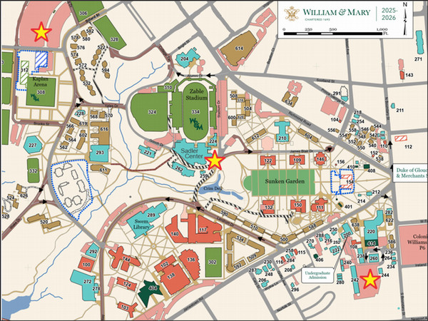 The shuttle pick up spot on W&M campus is Sadler Center Circle (center). Those with VIMS permit can park for free in Kaplan Arena (top left) and Plant parking lots (bottom right).