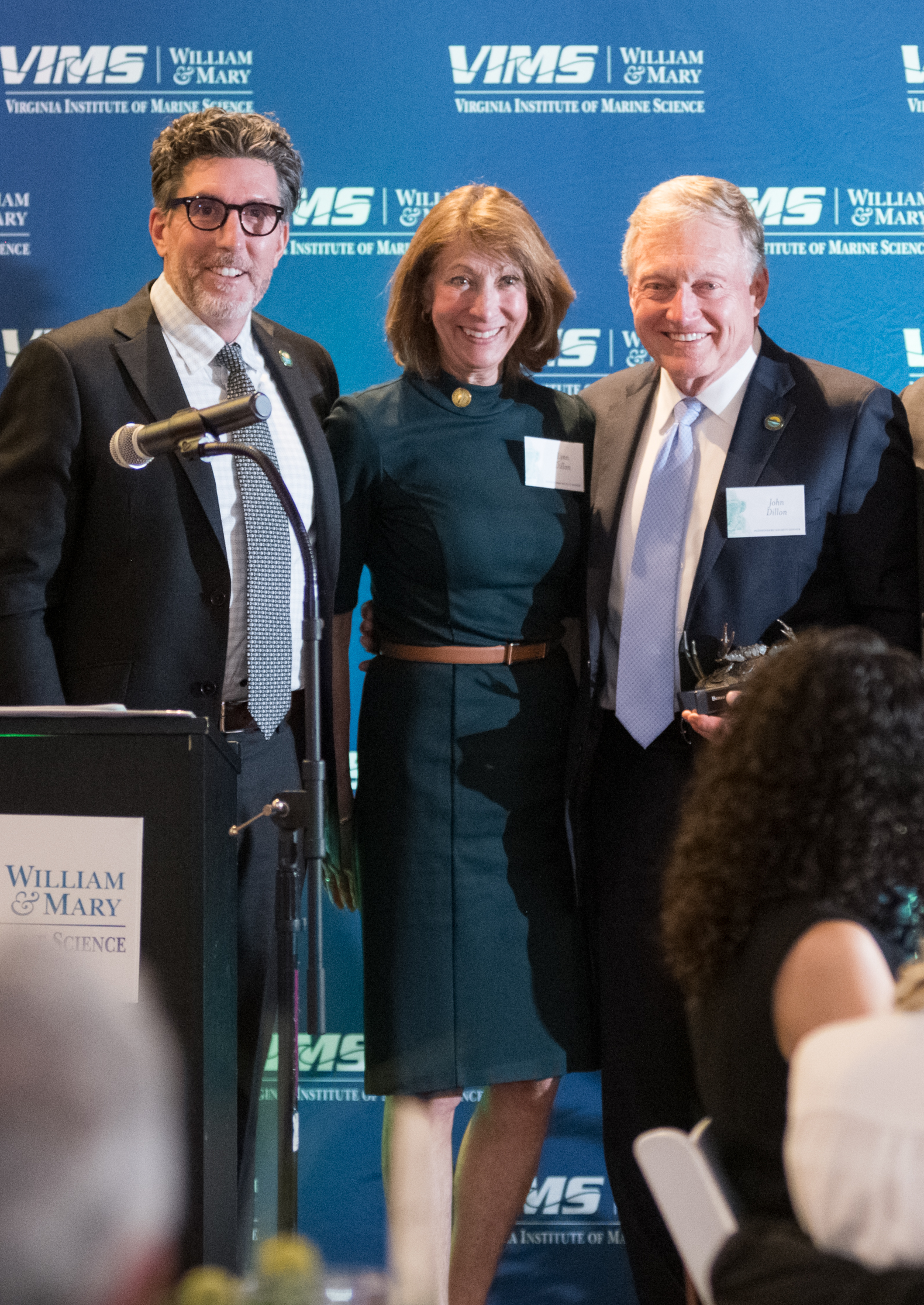 At the 2025 Pathfinders Dinner, Lynn Dillon '75 and John Dillon '75 were inducted into the prestigious Pathfinders Society, bestowed upon those individuals, households and organizations with a lifetime giving of at least $100,000. From left to right: Batten School Dean & VIMS Director Derek Aday, Lynn Dillon and John Dillon. Photo credit: Jenny McQueen.