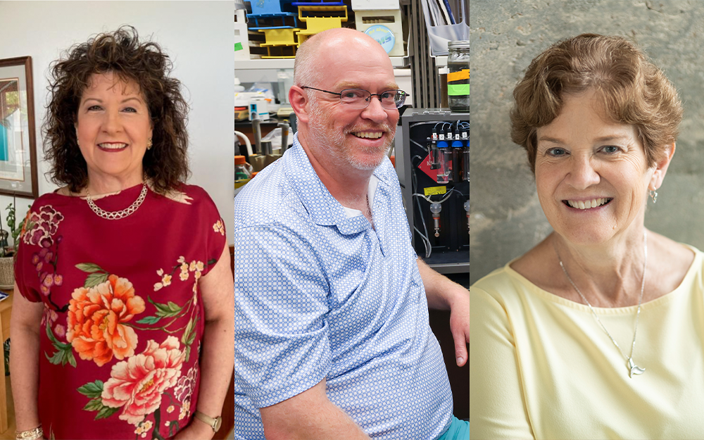 Batten School & VIMS scientists Mary Ann Vogelbein (left), Hamish Small (center) and Kimberly Reece (right) proposed a creative solution to forever chemicals: custom-built monoclonal antibodies that detect PFAS quickly and affordably.