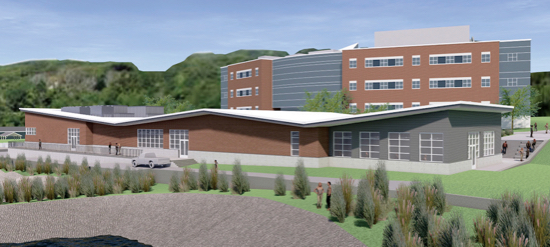 An architect’s rendition of the Acuff Center for Aquaculture when complete. VIMS’ Andrews Hall is in the background. © Quinn Evans architects.