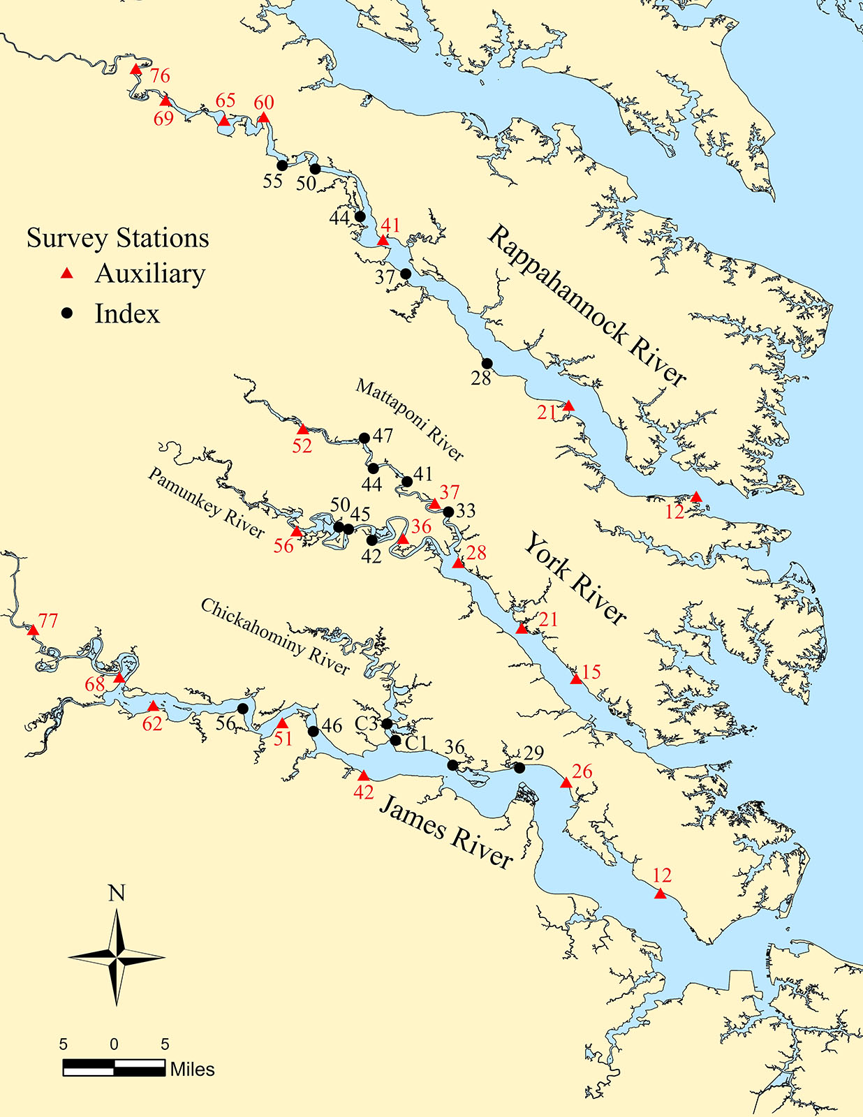 The survey samples waters from 18 historically sampled sites (index stations) and 22 auxiliary sites along the shores of the James, York, and Rappahannock rivers.