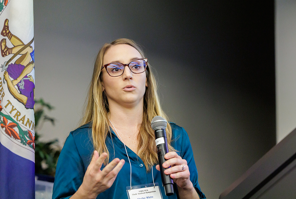 Shelby White, VIMS MAP marine business specialist, gave a presentation titled, "The Reel Deal: Livelihoods, Local Seafood, and You." Photo credit: Lathan Goumas | Virginia Sea Grant