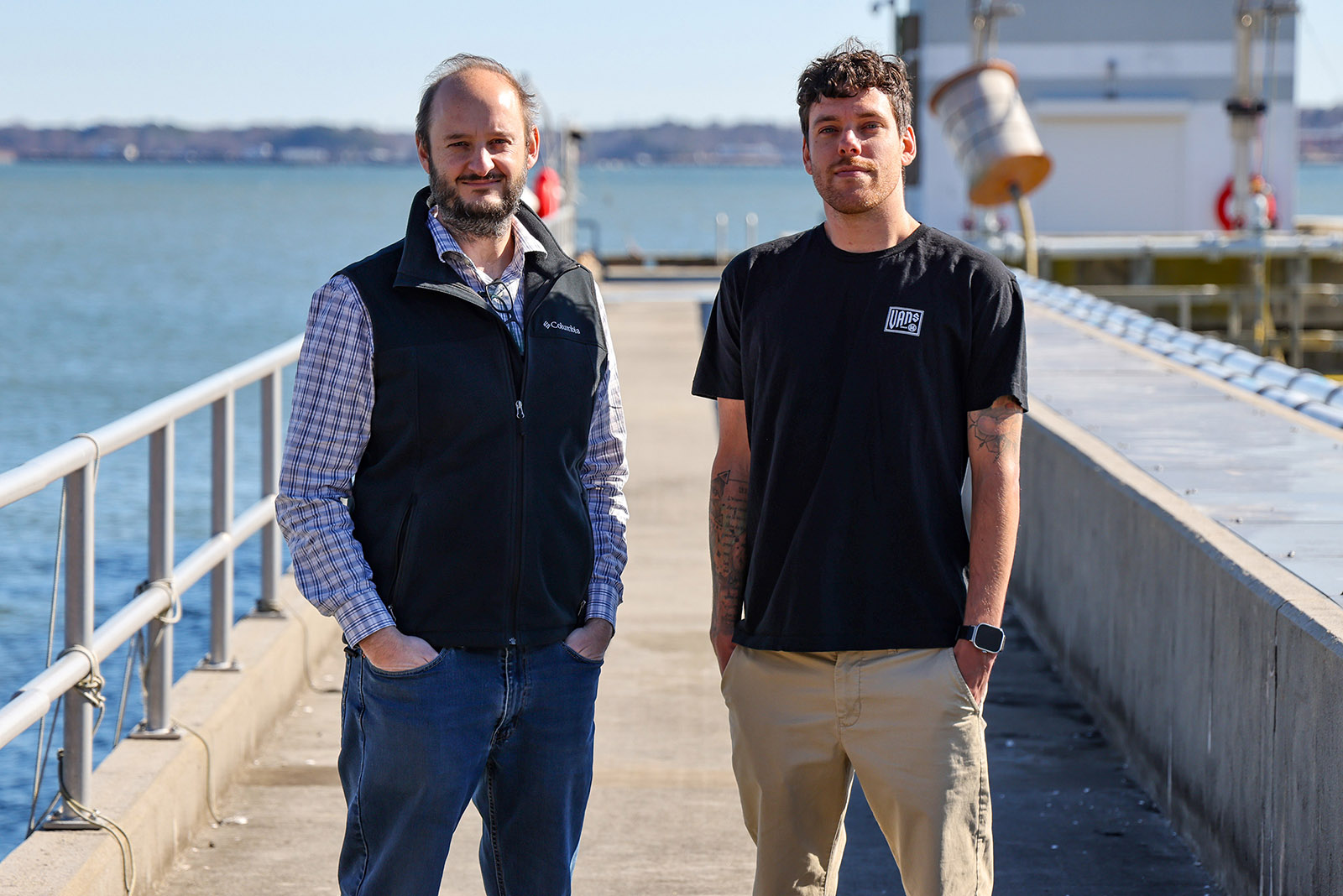 Lead author Ricardo Utzig Nardi (right) conducted the study as part of his master’s thesis at W&amp;M’s Batten School of Coastal &amp; Marine Science under academic advisor Piero Mazzini (left).  Photo by John Wallace