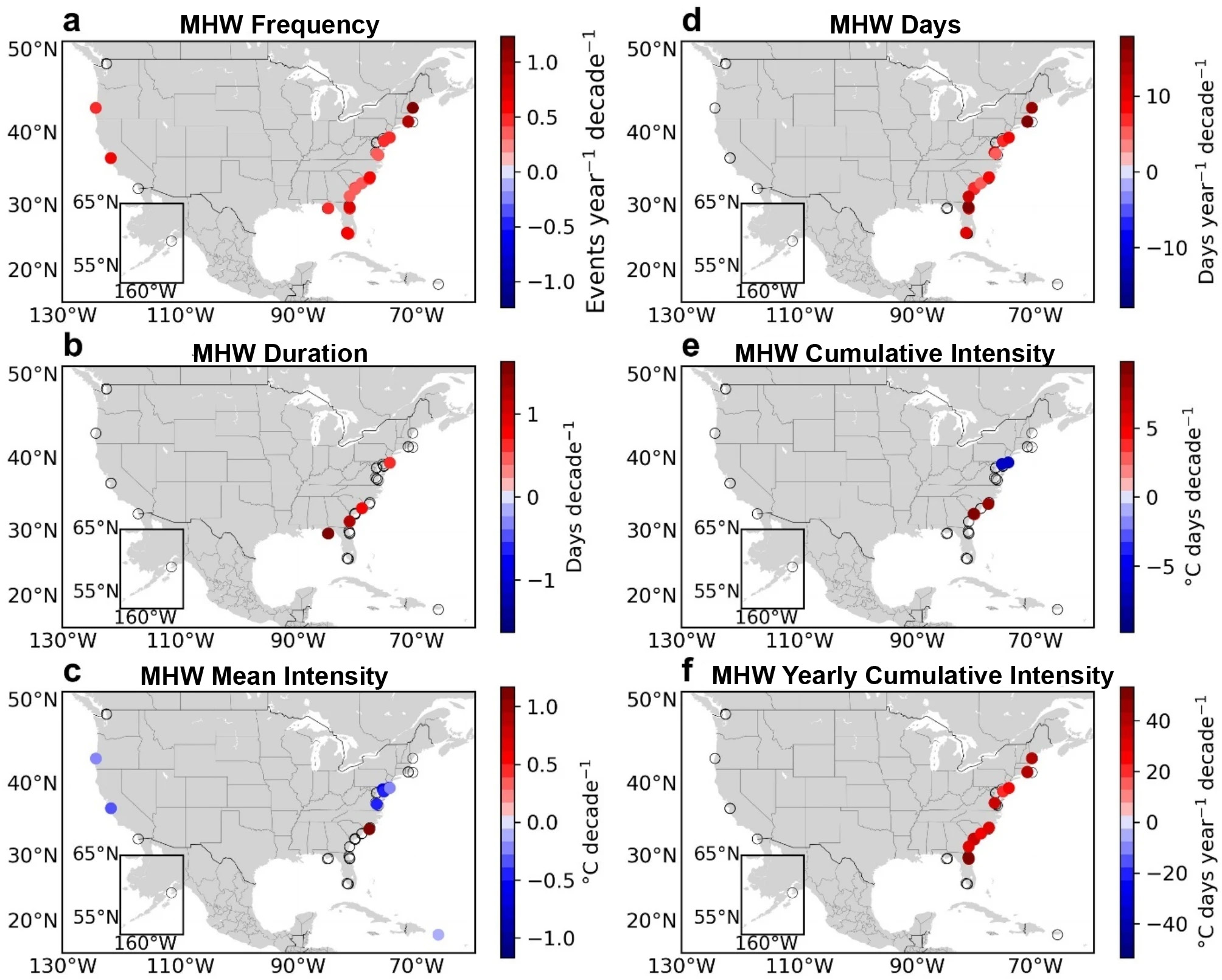 Figure 4 from the study displaying marine-heat-wave trends from two decades of records. Empty circles show locations with no changes. 