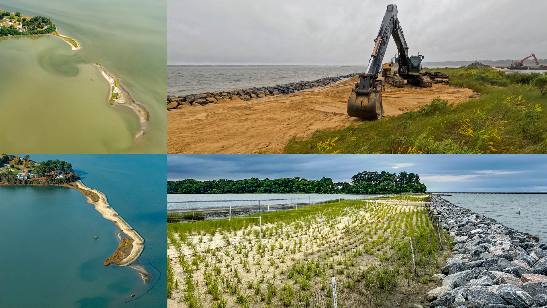 Once spanning 14 acres, Penniman Spit had split in two and was in danger of disappearing. Restoration was based around a hybrid living shoreline model designed to dissipate wave energy and support marine habitat. 