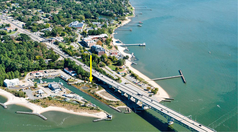 The Carl Hershner Teaching Marsh is located next to the George P. Coleman Bridge that crosses the York River. Photo by C.S. Hardaway