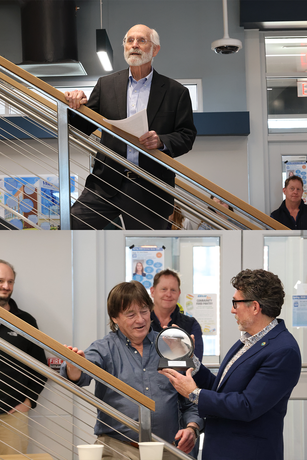 The recent reception honoring Mark Luckenbach featured remarks by retired Dean & Director John Wells (top) and a gift of appreciation from current Dean & Director Derek Aday on behalf of the Institute (bottom). Photo by Candace Johnson.