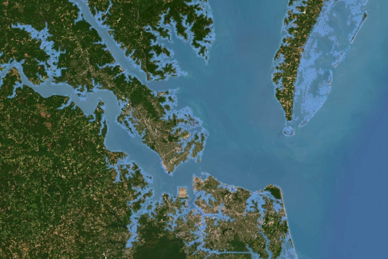 A screenshot of Tidewatch Map showing coastal Virginia.